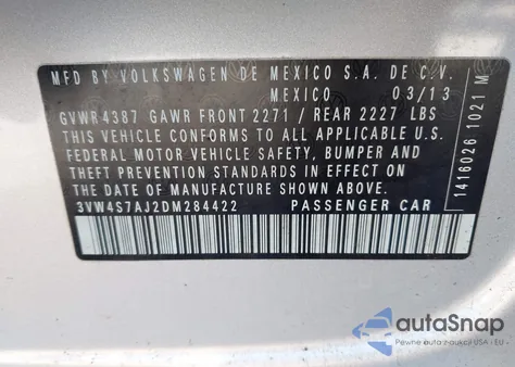 2013 Volkswagen Jetta Gli Autobahn z USA, uszkodzony, nr VIN 3VW4S7AJ2DM284422